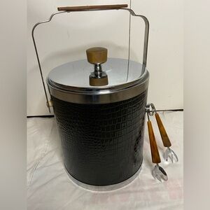 VTG Kromex USA Faux Leather Alligator Ice Bucket with Lid and Ice Tongs